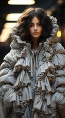 Expressive portrait of a model in an innovative, ecologically inspired gray jacket