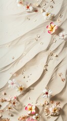 a beach-inspired background with light sand adorned by scattered flowers as decor, with ample copy space, evoking a sense of serenity and natural beauty.