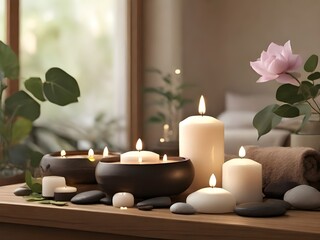 Fototapeta na wymiar Harmony in Relaxation: Experience Peace in a Spa Environment with Soft Candlelight, Soothing Stones, and Fragrant Oils, generative AI