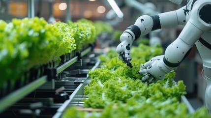 Robotic arm artificial intelligence computer automated machine harvesting hydroponic lettuce.