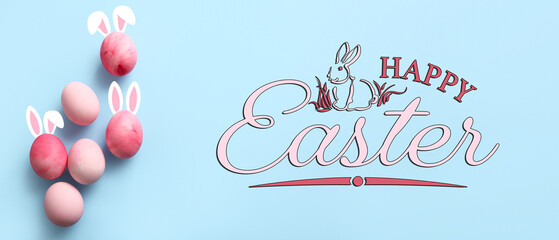 Easter greeting banner with eggs and drawn bunny ears