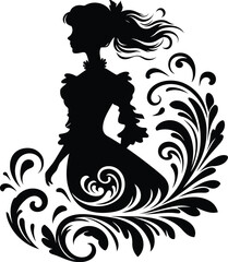 women in beautiful dress, silhouette flowers ornament decoration, floral vector design. 
