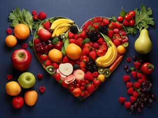 Naklejka na ściany i meble Embrace Wellness: A Heart-Shaped Assortment of Fresh, Colorful Fruits and Vegetables Symbolizing Love for a Healthy, Nutritious Diet, generative AI
