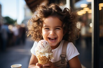 Little smiling curly girl holding a big cone with ice cream in her hands.