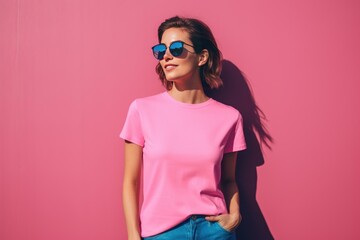 Vibrant Pink tshirt mockup female. Female model. Generate Ai