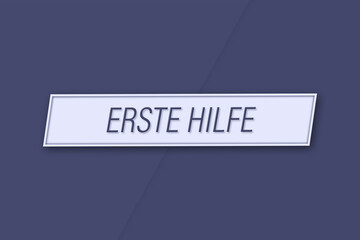 Erste Hilfe. Eine Banner Illustration mit blauem Text, isoliert auf blauem Hintergrund.