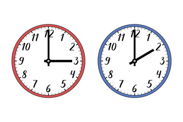 Illustration of two wall clocks on white. The red one symbolizes summer, the blue one winter. Symbol of time change. Moving the hands forward from 3:00 to 2:00. Standard time and daylight saving time.