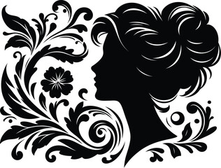 girl beauty face silhouette, flowers ornament decoration, floral vector design. 