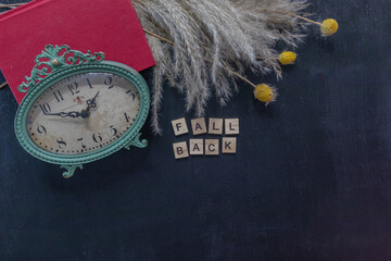 Daylight savings time, Fall Back, flat lay with antique style clock and pampas grass on black...