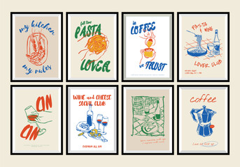 Minimalist hand drawn food and drink vector print poster collection. Art for postcards, branding, logo design, background.