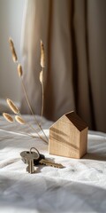 Obraz premium keys placed next to a wooden home model on a pristine white table in a newly acquired apartment or hotel room, symbolizing the concepts of mortgage, investment, rent.