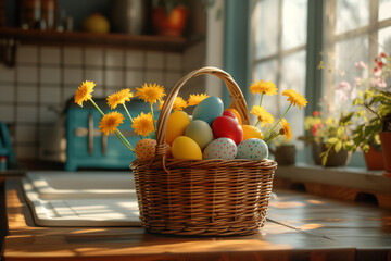 A wicker basket full of colorful Easter eggs on a table in a modern and warm kitchen, welcoming the Easter Bunny - obrazy, fototapety, plakaty