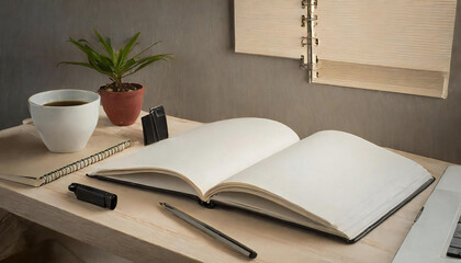 An image of studying in a stylish room. A table complete with notebooks, pencils, and writing utensils.