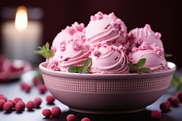 Strawberry ice cream balls in a bowl.
