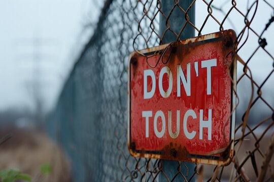 Zone danger sign outside a fenced high voltage area , display red text "DON'T TOUCH"