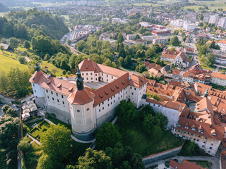 Fototapeta na wymiar Skofja Loka Castle and Museum, Medieval Town, Aerial View, Slovenia