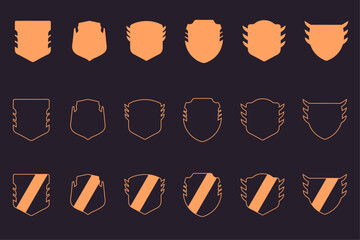 Shield, protection, defence and security vector icons set. Police and military badge shield silhoutte symbols. Collection of vector shields. Shield badge symbol. Label collection for soccer.