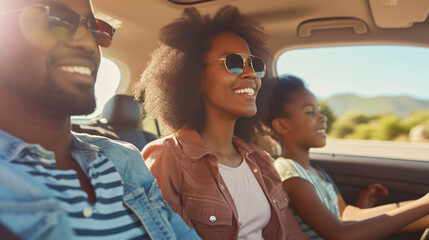 A joyful family embarks on a spontaneous road trip, belting out their favorite tunes together, creating unforgettable memories. - obrazy, fototapety, plakaty