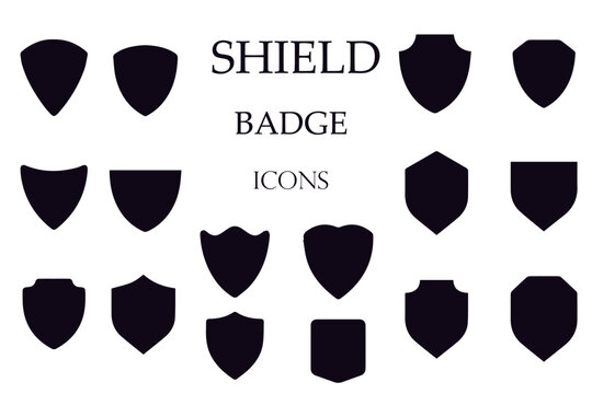 Shield, protection, defence and security vector icons set. Police and military badge shield silhoutte symbols. Collection of vector shields. Shield badge symbol. Label collection for soccer.