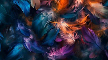 This image showcases a rich tapestry of feathers, tightly packed and overlapping, with a stunning array of colors ranging from deep blues and purples to soft oranges and pinks, all set against a dark 