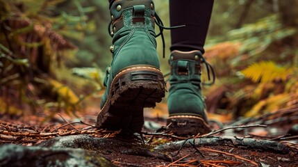 The image captures a close-up view of a hiker's feet, clad in sturdy green hiking boots, stepping forward on a woodland path covered with autumnal leaves and pine needles, with a soft focus on the fer