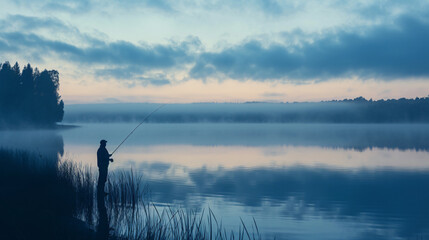 A peaceful moment captured as a skilled fisherman casts his line into a calm lake at sunrise, surrounded by the tranquil beauty of nature. - obrazy, fototapety, plakaty