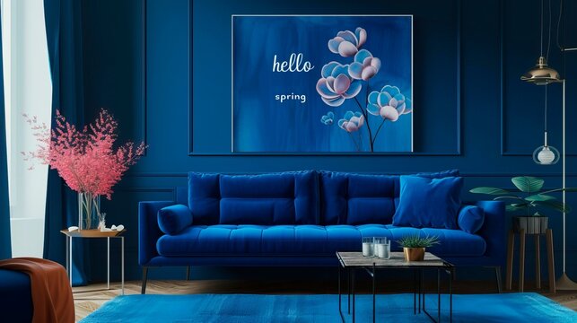 The image showcases a modern living room with a deep blue wall that sets a bold backdrop for the space. A plush blue sofa matches the wall and anchors the room, while a large framed art piece with a f