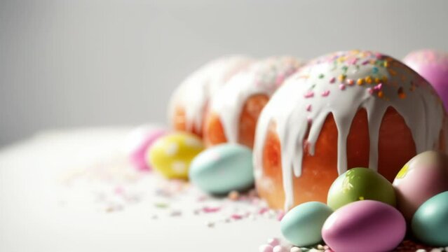 Freshly baked Easter cakes, Kuliches, with white glaze and colorful sprinkles, surrounded by colored eggs. Traditional Ukrainian Easter cupcakes. Festive bread. Perfect for Celebratory events.