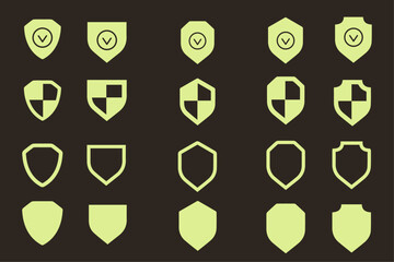 Shield, protection, defence and security vector icons set. Police and military badge shield silhoutte symbols. Collection of vector shields. Shield badge symbol. Label collection for soccer.