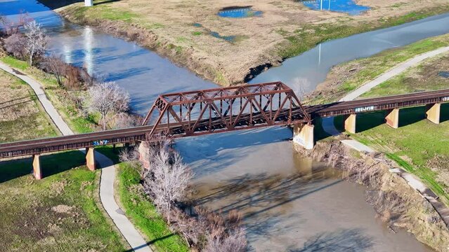 Aerial of Trinity River & Elevated Railway Tracks in Dallas County Texas