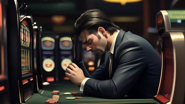 man playing with slot machine in casino, On the face tension and hopelessness, a stark image of the risks of gambling addiction