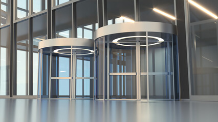 Entrance revolving doors and glass front of the building. 3d illustration