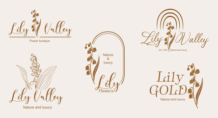 Vector luxury logo design set in trendy linear style with Lily of the Valley flowers. Golden line art logotypes on neutral background for beauty, florist emblem, jewelry, cosmetic packaging.