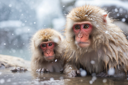 Affen sitzen bei Schnee und Eis in einer heißen Quelle, Japanische Schneeaffen im heißen See