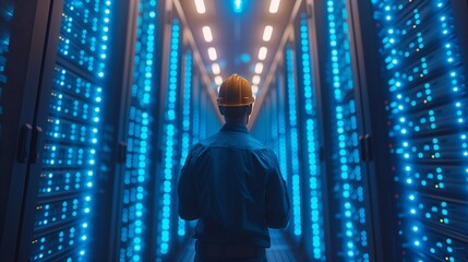 a man in a hard hat is standing in a server room