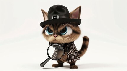 A charming 3D cat character dons a classic detective hat and diligently investigates with a magnifying glass. This whimsical illustration in high-resolution presents a lovable feline detecti - obrazy, fototapety, plakaty