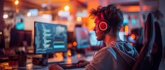 Focused Programmer Working in a High-Tech Development Environment with Illuminated Red Headphones