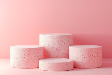Four white podiums for the presentation of the product. Pink background. Minimal. 3D rendering. Pedestals.