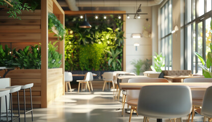 Beautiful restaurant interior view with huge wall windows, green plants wall and eco-friendly furniture. Modern people's first steps in startup business concept image.