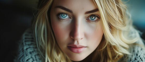 Fototapeta premium Intimate Portrait of a Young Woman with Striking Blue Eyes and Blonde Hair in Soft Focus