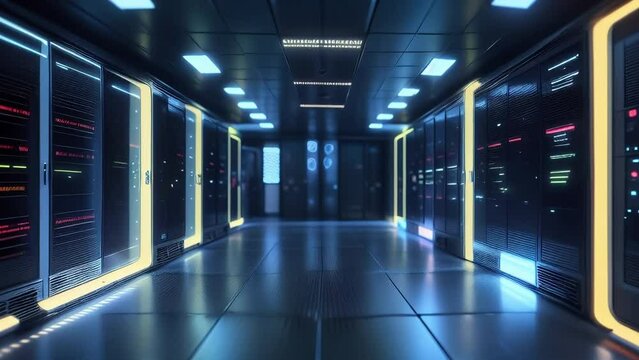 Server room with neon lights. Networks and global communication background. AI generated loop.
