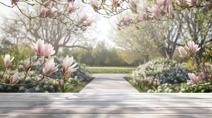 an empty light grey wooden table set against the backdrop of a lush garden with a blooming magnolia tree, evoking a sense of tranquility and natural beauty.