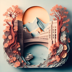Papercut style design of a river and mountains covered by forest