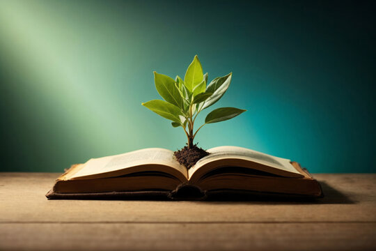 An old book with a plant growing through the middle page, depicting learning, knowledge and growth
