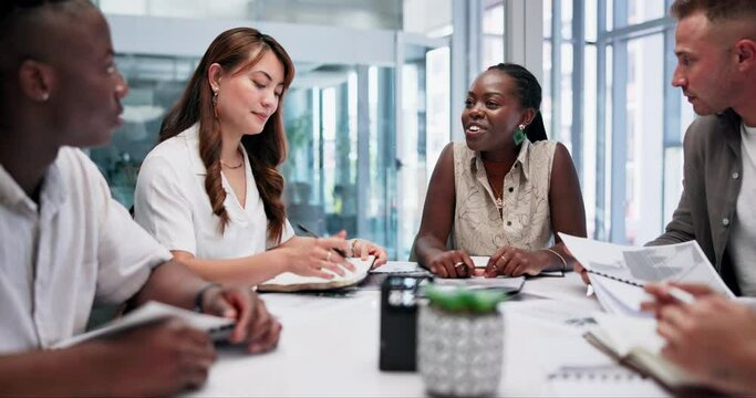 Meeting, discussion and business people with documents in office boardroom working on project together. Collaboration, paperwork and team of professional creative designers brainstorming at workplace
