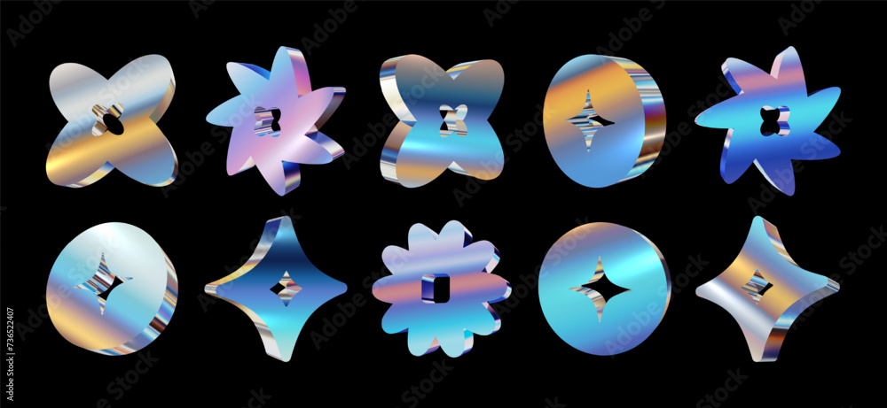 Poster set of 3d geometric abstract shapes with metallic holographic rainbow surface and neon gradient, ref