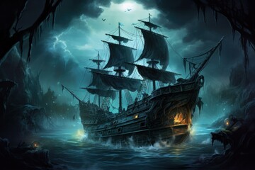 Pirate sailing ghost ship sunshine. Wave dark. Generate Ai