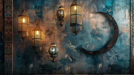 hanging lanterns and a crescent moon, in the style of opulent wall hangings, featuring a color palette of dark white and sky-blue, adorned with intricate decorative borders and patterns.