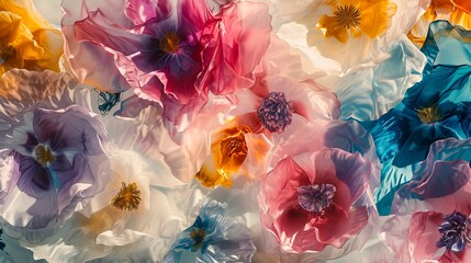 The image displays a beautiful assortment of semi-transparent flowers with rich and varied hues, including shades of pink, blue, purple, and orange, each with a distinct, intricate center, all casting