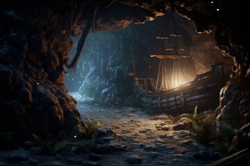 Mysterious Pirate chest cave. Adventure ship. Generate Ai